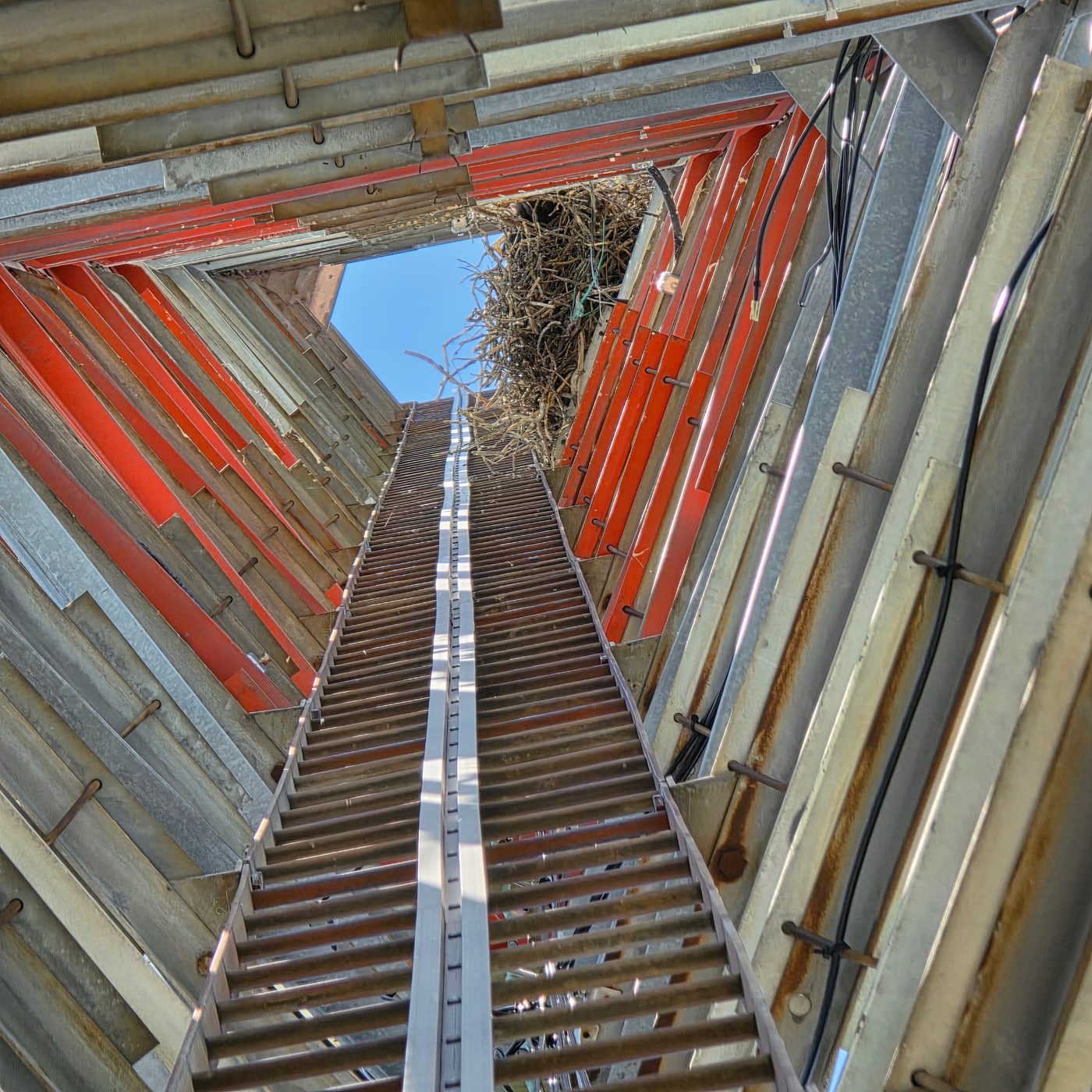 Looking up the inside of a self-support lattice tower